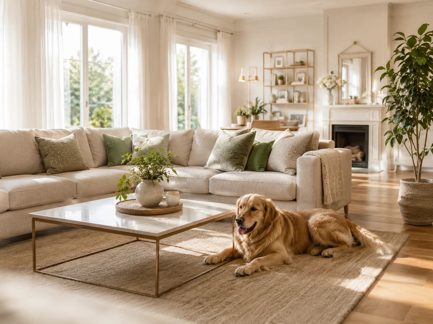 Világos, rendezett nappali Golden Retriever kutyával