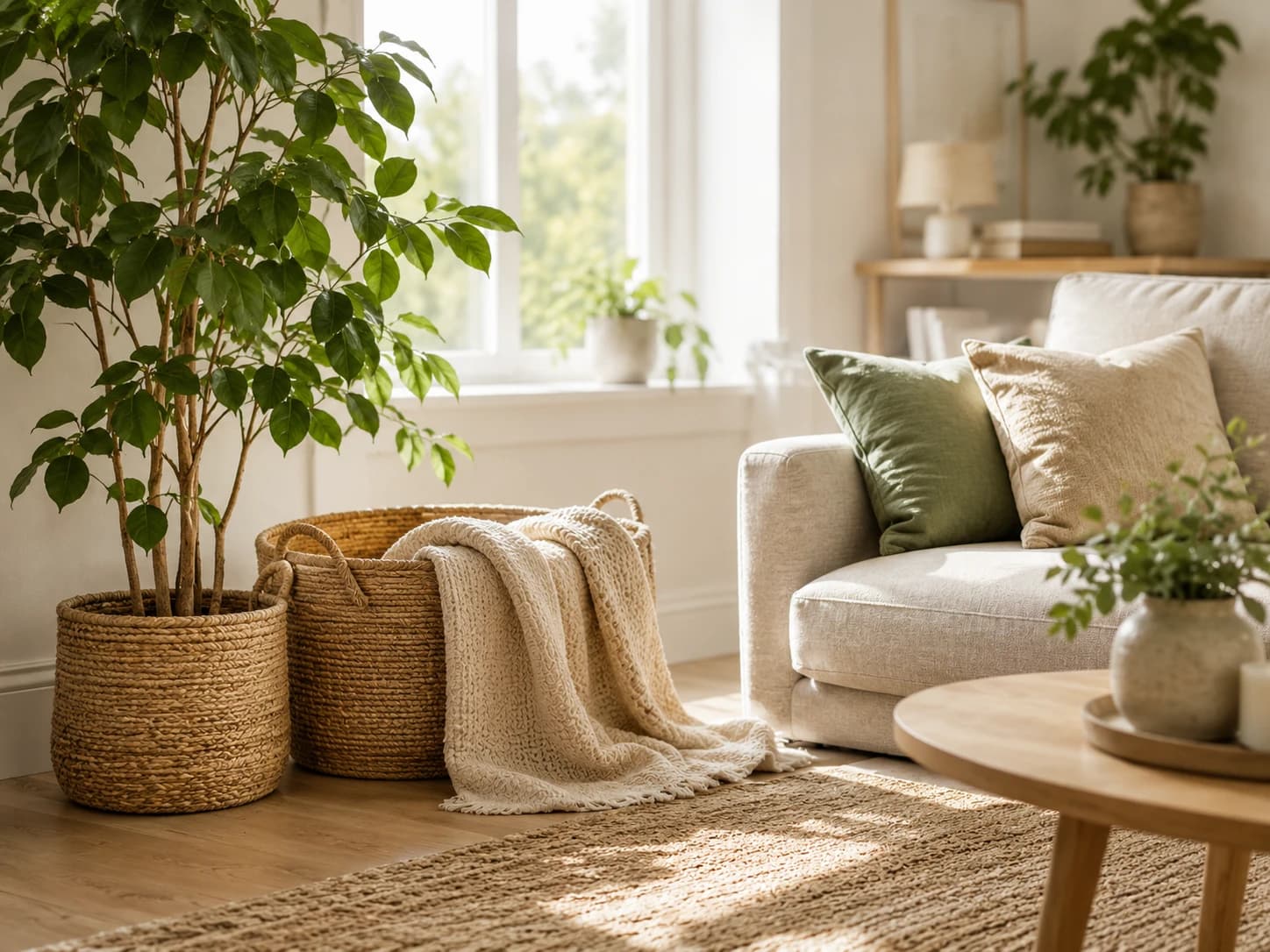 Rendezett, napfényes otthoni részlet növényekkel és puha textilekkel